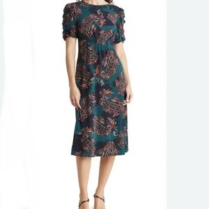 Vince Camuto Green Puff Sleeve Sheath Midi Dress